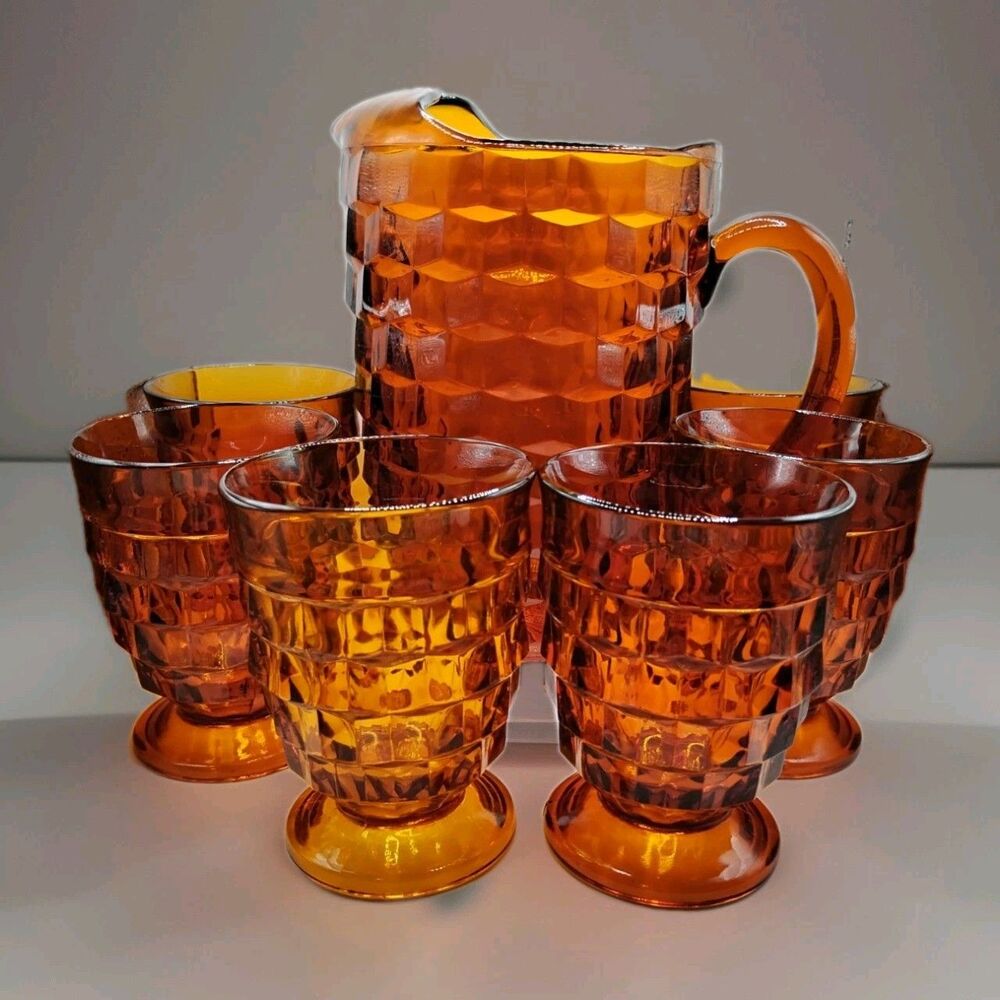 1970's Indiana Glass Whitehall Cubist Amber 6 Footed Glasses Pitcher Colony MCM